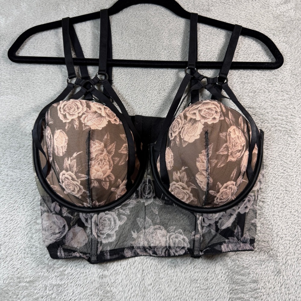 Victoria Secret Bustier Corset Top Women 36DD Black Floral Mesh Strap Underwire